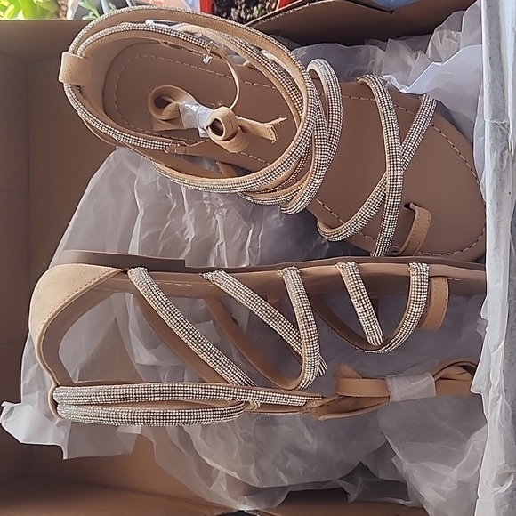 Parul sandals. Size 8, tan suede with rhinestone accents and ankle strap. - Picture 2 of 4